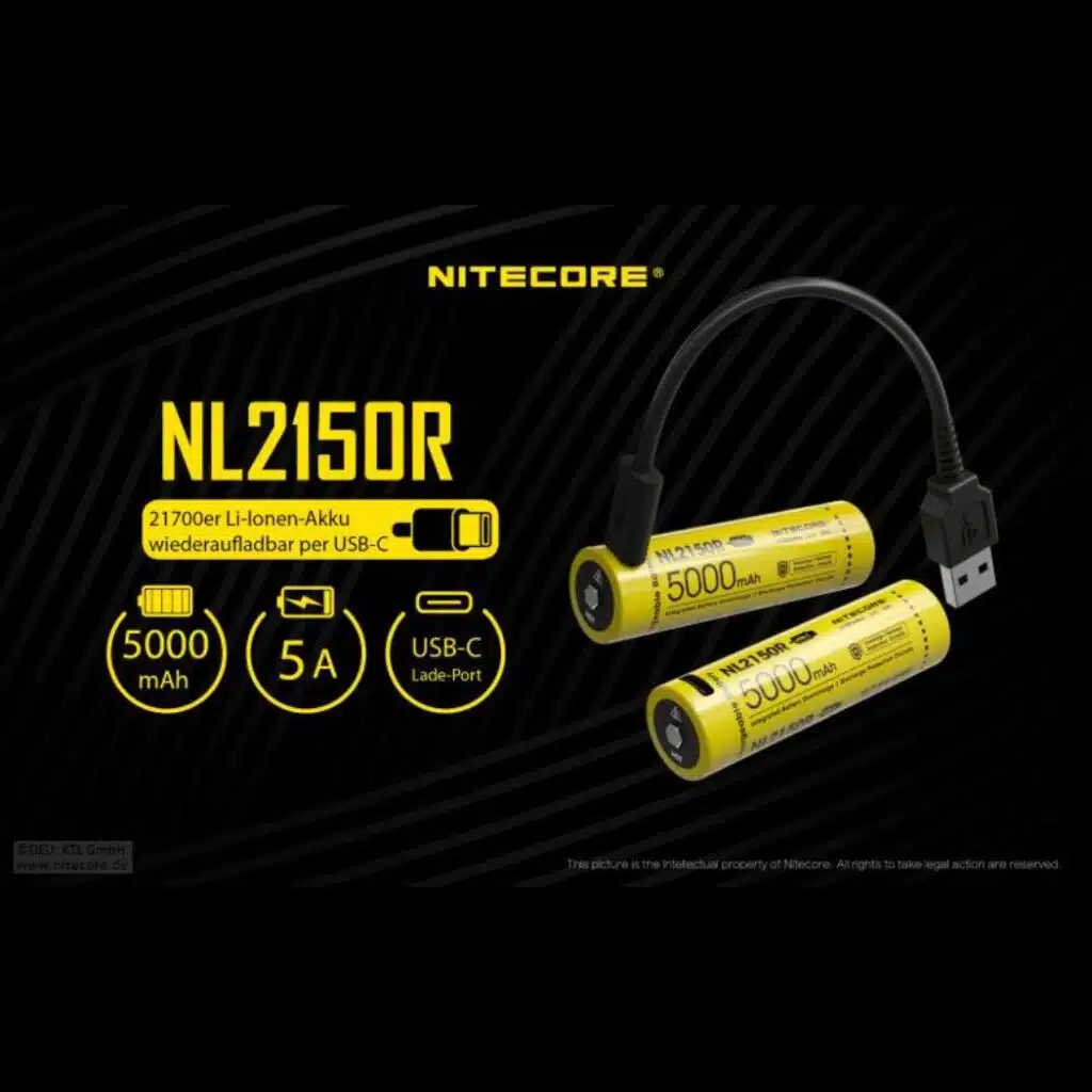 Nitecore NL2150R Li-Ion Akku Typ 21700 hat eine Kapazität von 5000mAh und kann direkt über einen USB-C Anschluss geladen werden.