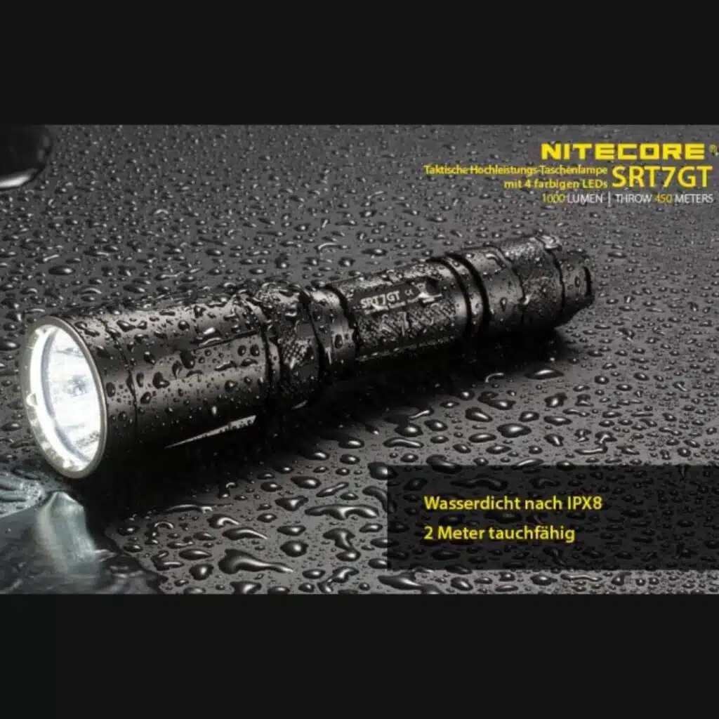 Nitecore SRT7GT (Nachfolger der SRT7 Revenger) leistet 1000 Lumen, eine Leuchtweite bis zu 450m und verfügt über drei Color-LED und eine UV-LED