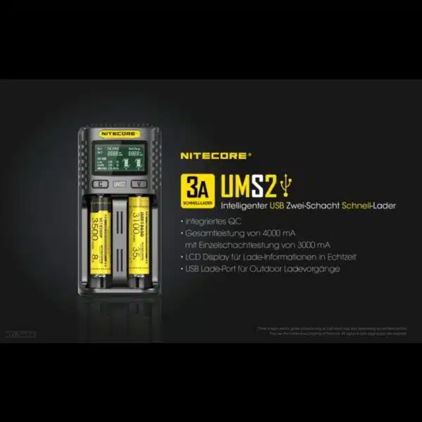 Der Nitecore UMS2 ist ein intelligentes USB-Schnellladegerät mit zwei Ladeschächten und LCD-Display.