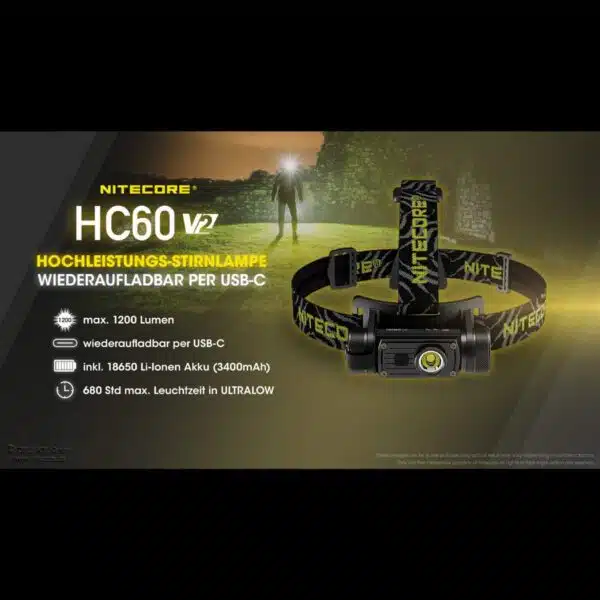Die Nitecore HC60 V2 Kopflampe erreicht eine Leuchtweite bis zu 130m, leistet 1200 Lumen und wiegt dabei nur 70g (ohne Batterien).