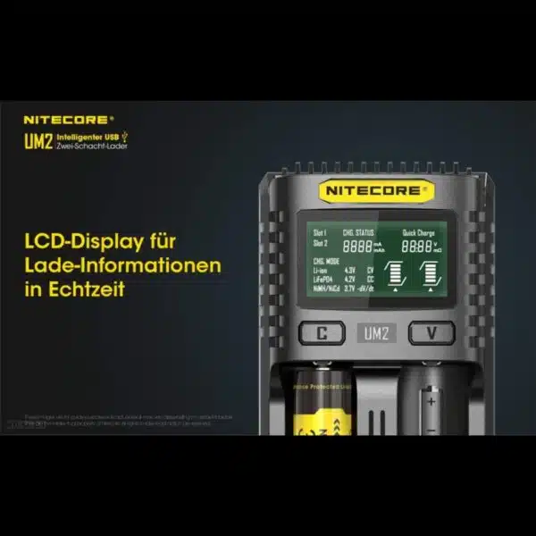 Das Nitecore UM2 USB-Ladegerät mit LCD-Display. Mit dem UM2 können Li-Ion, Li-Ion IMR, NiMH/NiCd und LiFePO4 Akkus intelligent geladen werden