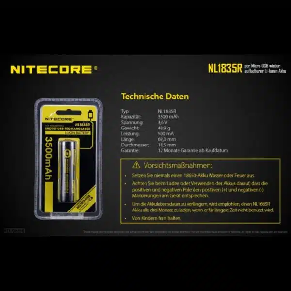 Der Nitecore NL1835R Li-Ion Akku Typ 18650 hat eine Kapazität von 3500mAh und Micro-USB-Ladeanschluss