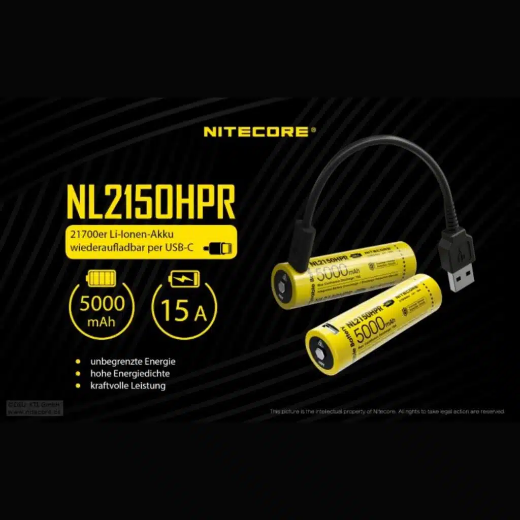 Nitecore NL2150HPR  Li-Ion Akku hat eine Kapazität von 5000mAh, leistet einen Endladestrom von bis zu 15A und kann über einen USB-C Anschluss geladen werden.