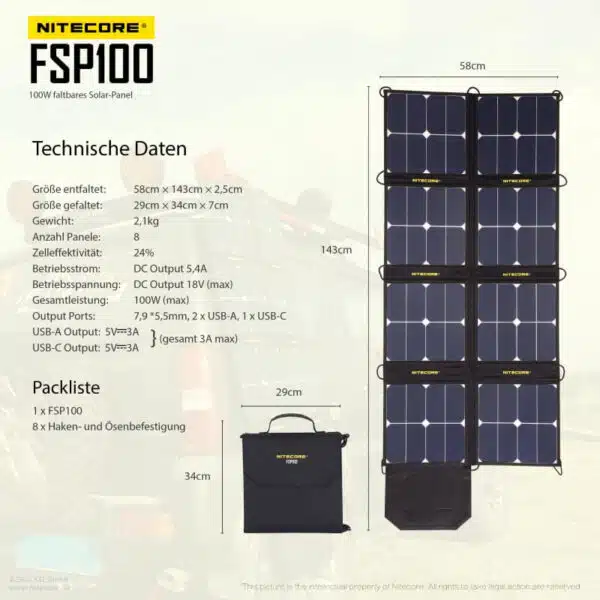 Nitecore FSP100 Solarpanel Unterbrechungsfreie Outdoor Stromversorgung, sehr kleines Packmaß. Idela für Powerstation und Powerbank