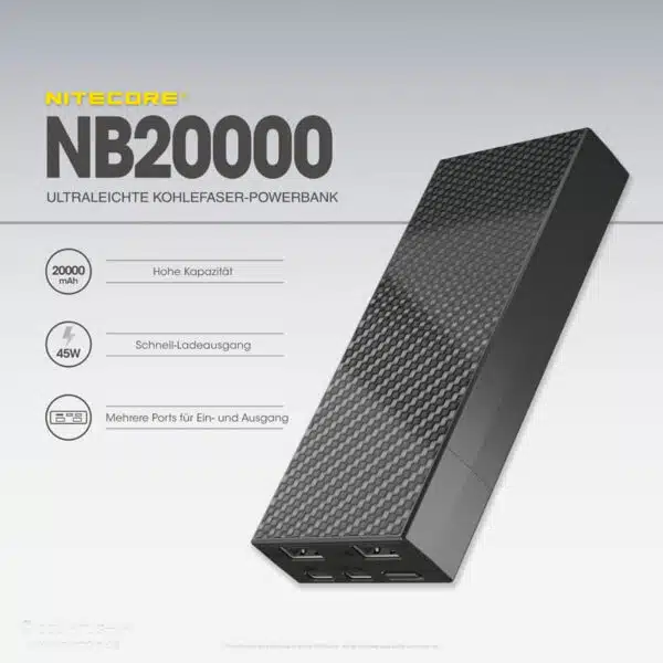 Nitecore NB20000 Powerbank gehört zu den Leichtesten und Kompaktesten, was bei mobilen Stromversorgungen heutzutage zu finden ist.