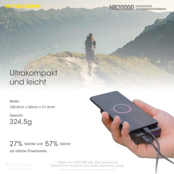 Nitecore NB20000 Powerbank gehört zu den Leichtesten und Kompaktesten, was bei mobilen Stromversorgungen heutzutage zu finden ist.