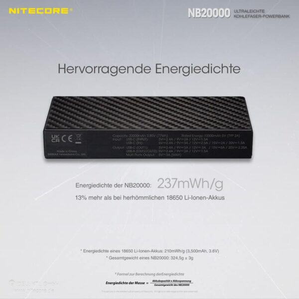 Nitecore NB20000 Powerbank gehört zu den Leichtesten und Kompaktesten, was bei mobilen Stromversorgungen heutzutage zu finden ist.