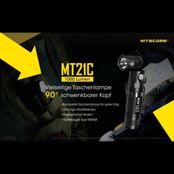 Nitecore MT21C Taschenlampe mit 90 Grad schwenkbaren Kopf und einer Leuchtweite bis zu 184m, der Batteriedeckel magnetisch und daher vielseitig einsetzbar